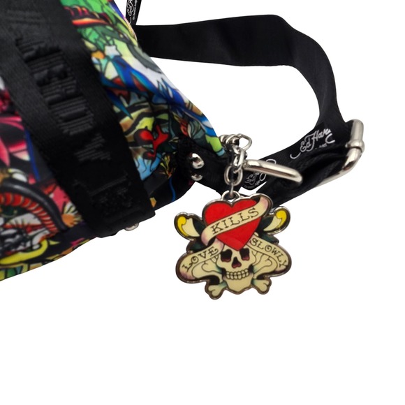 VTG Ed Hardy Tattoo Print Hobo Bag Shoulder Purse Love Kills Skull Heart Charm - Picture 7 of 9
